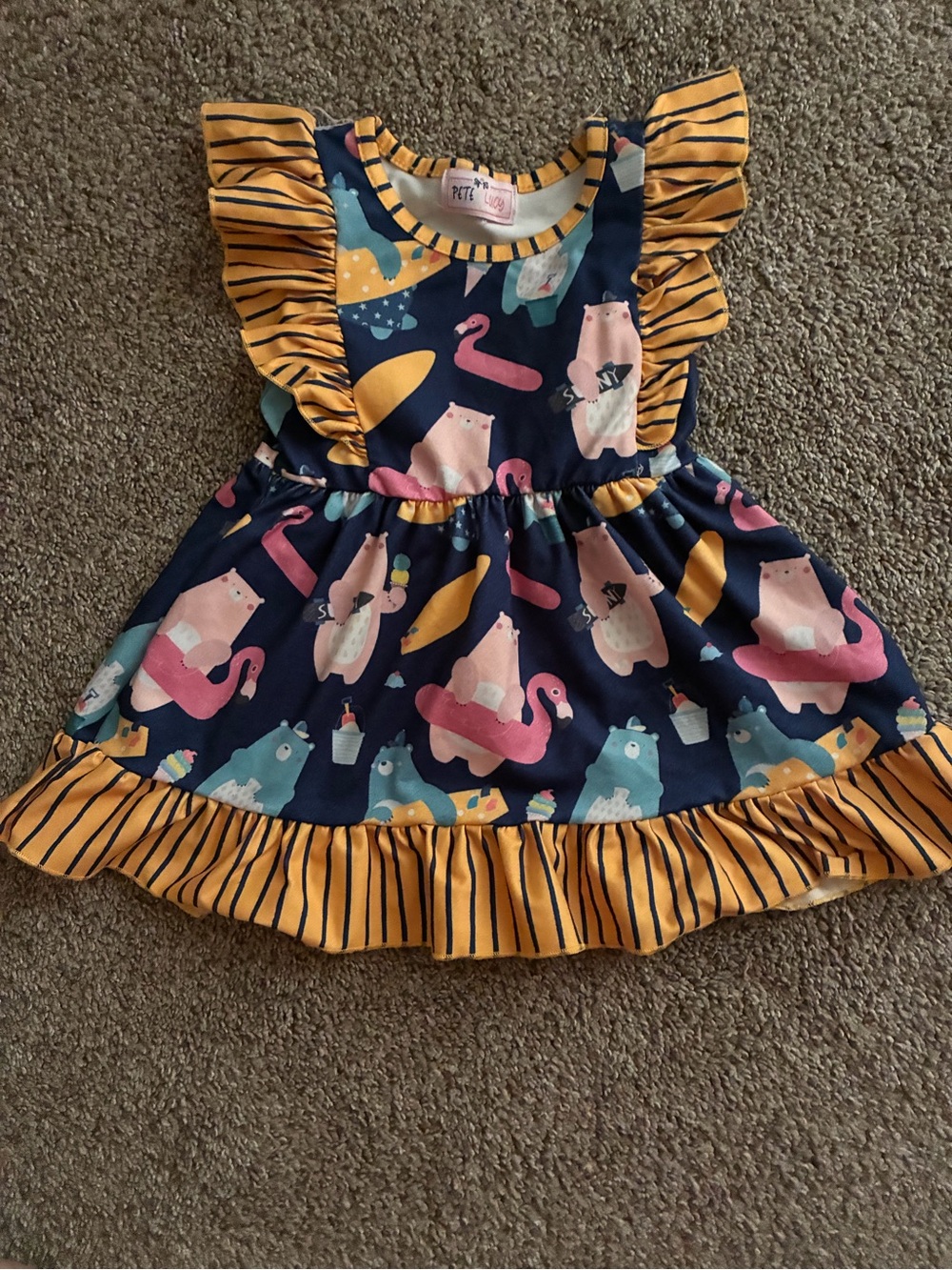 Pete + Lucy Navy Dress with Mustard Stripe Ruffles and Animal Float Print